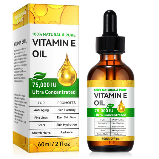 Generic vitamin e oil front bottle shows product and clear labeling benefits