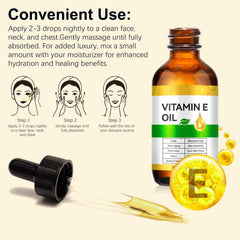 Generic vitamin E oil size scale comparison beside a coin to show 2 fl oz portability and travel-friendly benefit