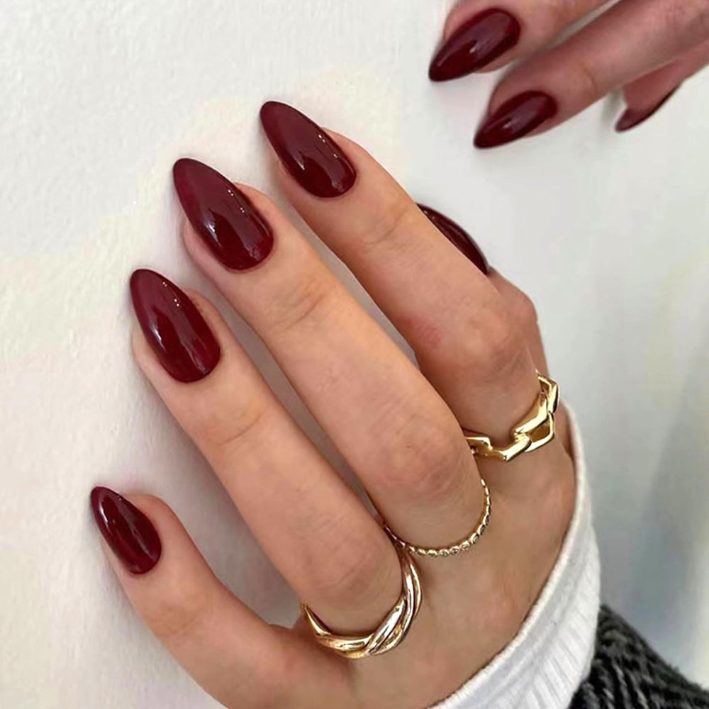 Generic brand wine red front packaging showing all 24 nails and accessories, stylish presentation