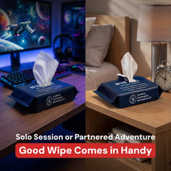 Generic brand wipe held in hand showing large size and comfortable softness for easy cleanup