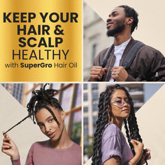 Genuine African Formula applying oil to scalp illustrating scalp moisturize and soothe