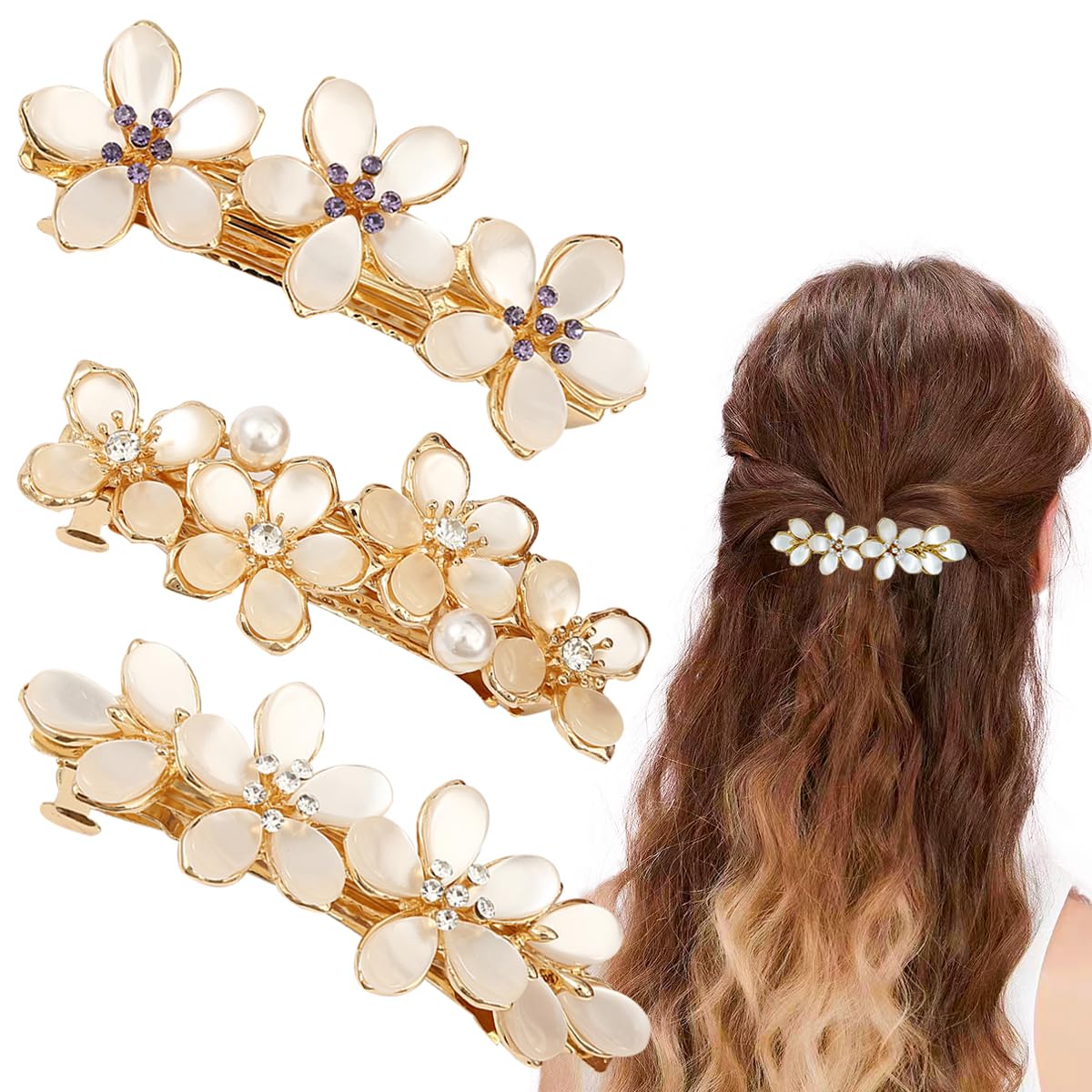 GeoGeoDIY front view of three flower hair clips showing floral design and sparkle benefit