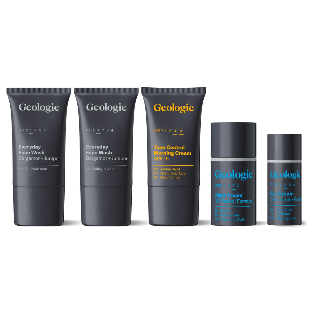 Geologie front packaging view showing full five-piece set and routine clarity