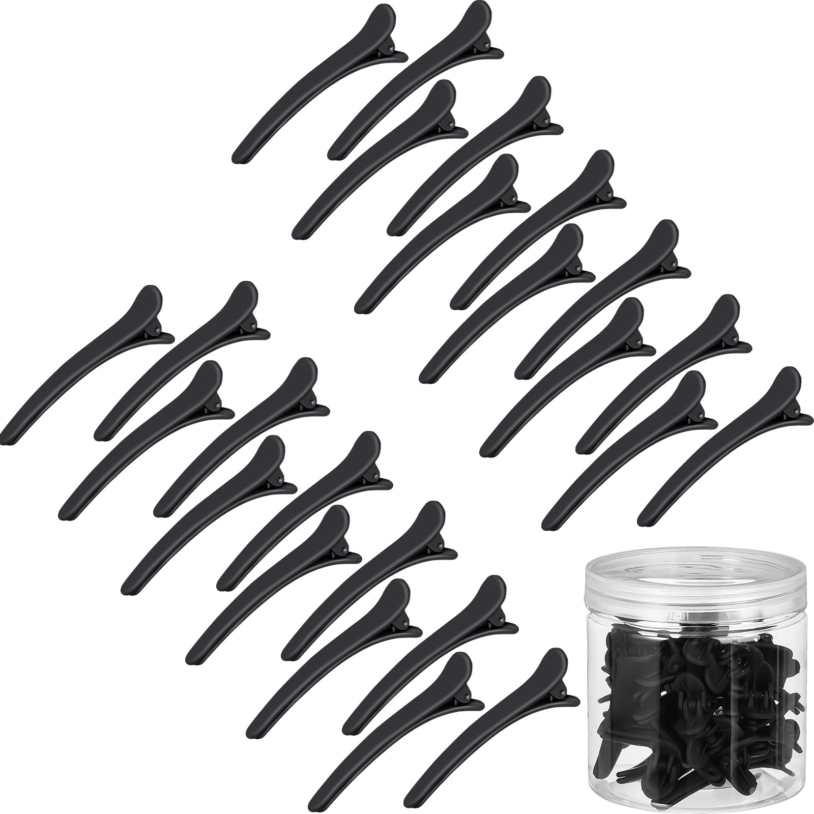 Geosar front view of 24 black duckbill clips in clear container showing organized storage benefit