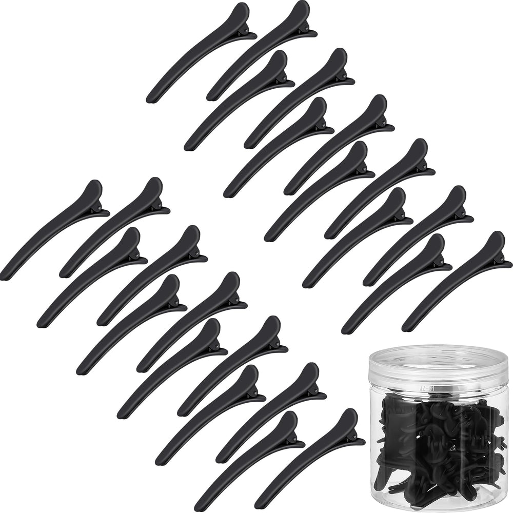 Geosar front view of 24 black duckbill clips in clear container showing organized storage benefit