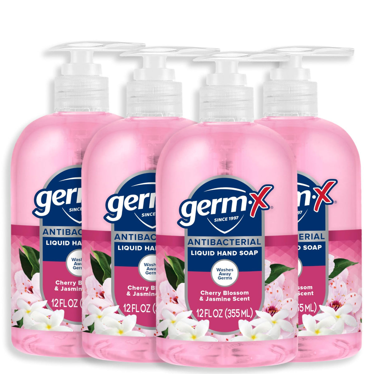 Germ-X front packaging showing four 12 oz pump bottles, clean and convenient