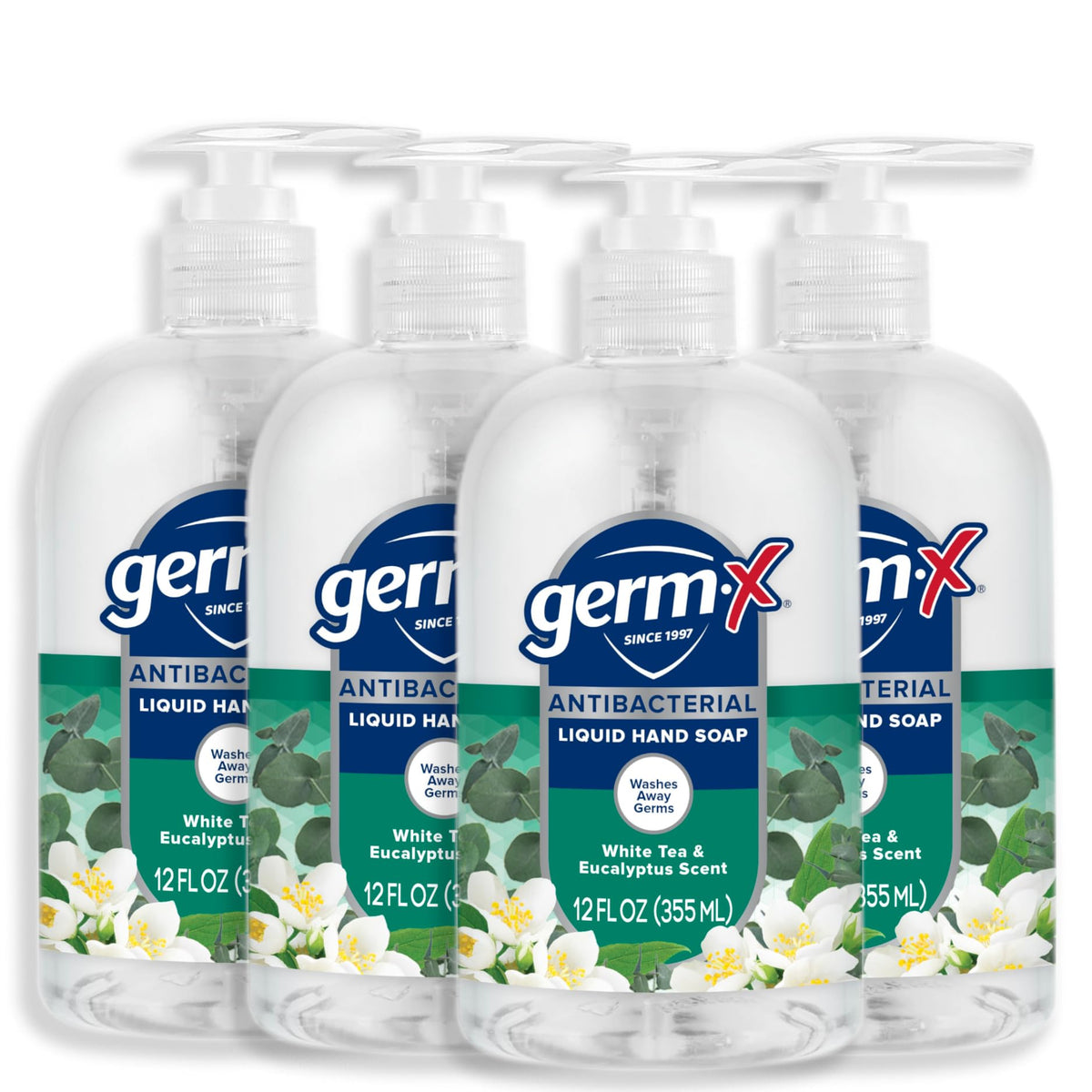 Germ-X front packaging showing four 12 oz pump bottles, convenient multipack