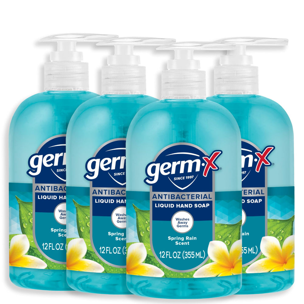 Germ-X front pump bottle showing brand and spring rain scent for easy placement