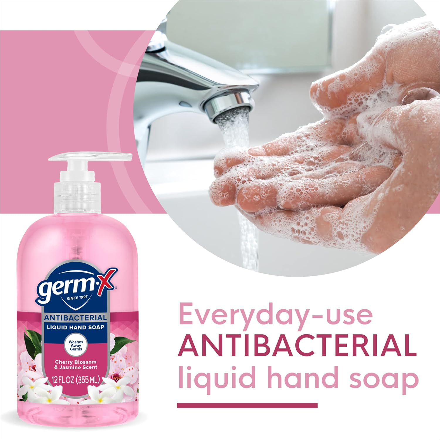 Germ-X pump being pressed at a kitchen sink for quick hand washing