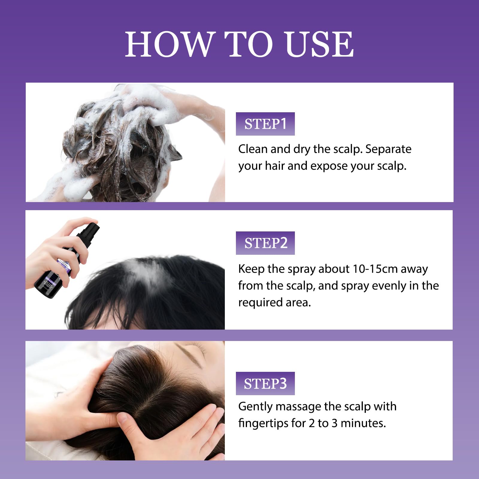 Geynaw spray texture on scalp highlighting quick absorption and mess-free application