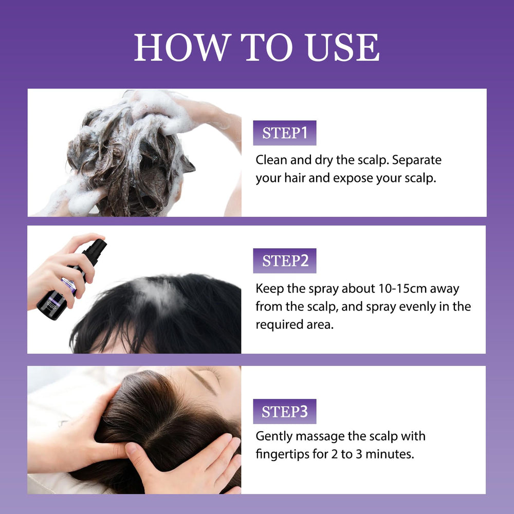 Geynaw spray texture on scalp highlighting quick absorption and mess-free application