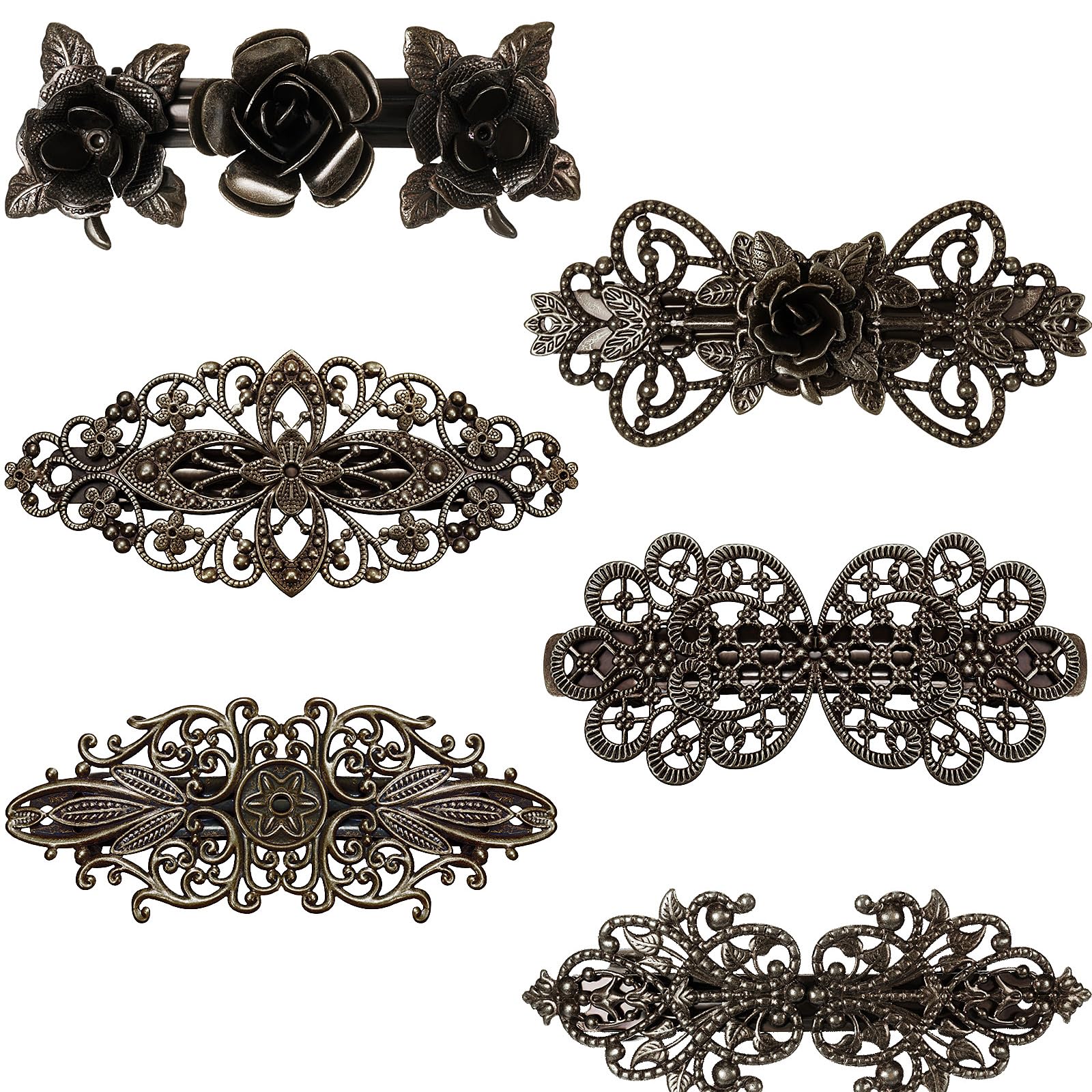 Geyoga front packaging showing six vintage bronze flower barrettes, elegant gift appeal