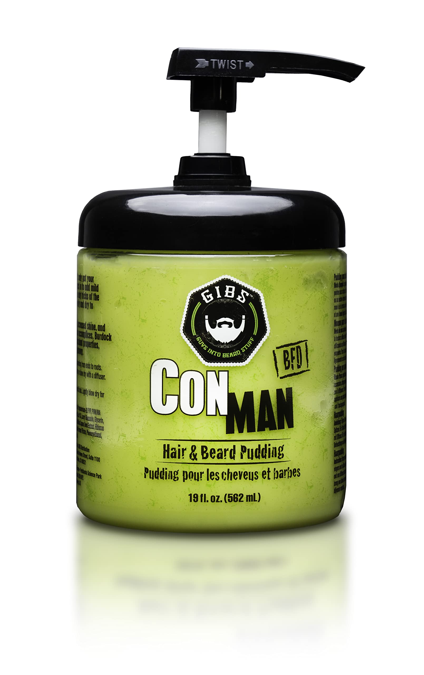 GIBS Con Man front jar showing product and brand, highlights easy access and size