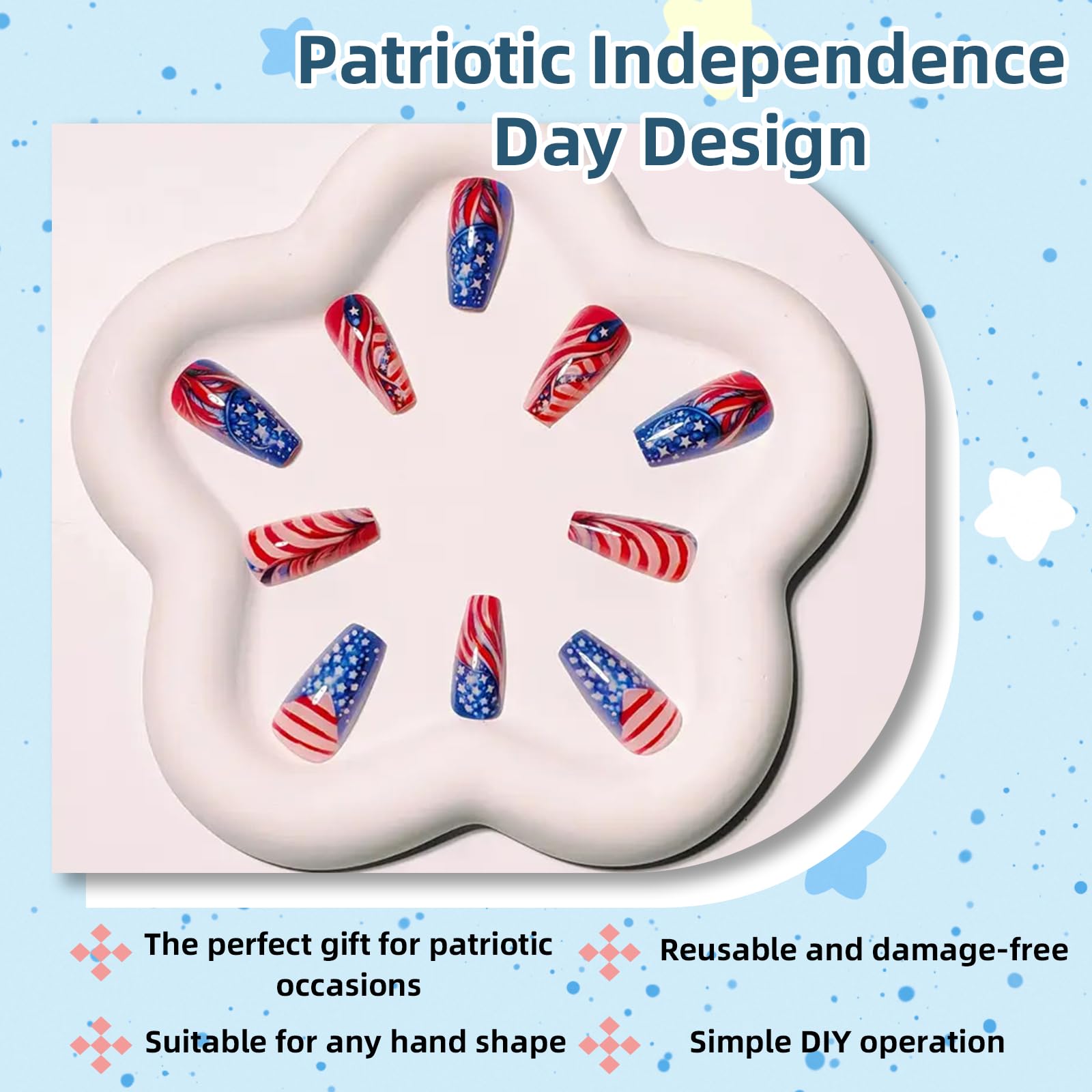 Gieehiol press-on nails worn on hands for a festive Independence Day look