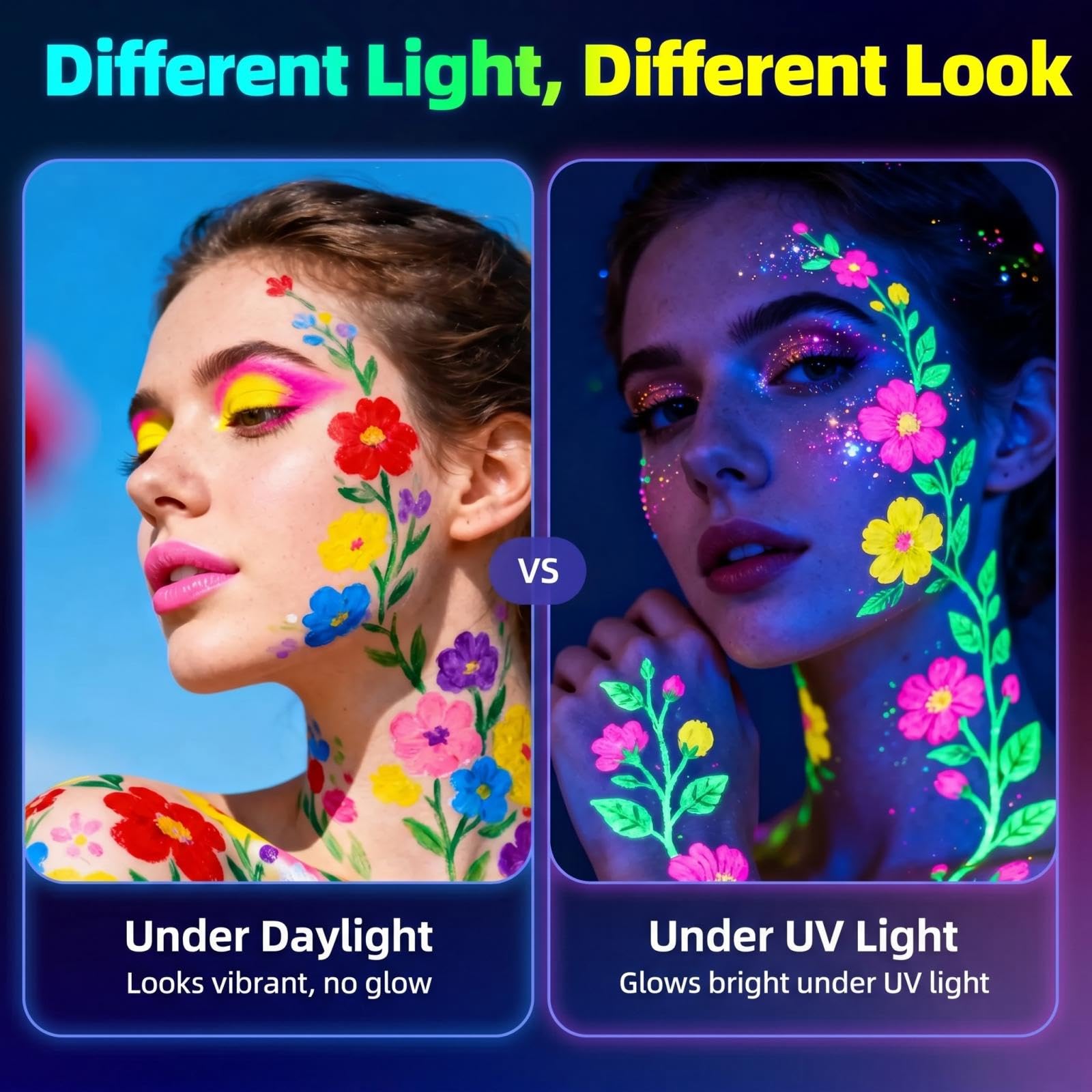 GIFTMISSU color swatches on arm under UV light showing bright fluorescence