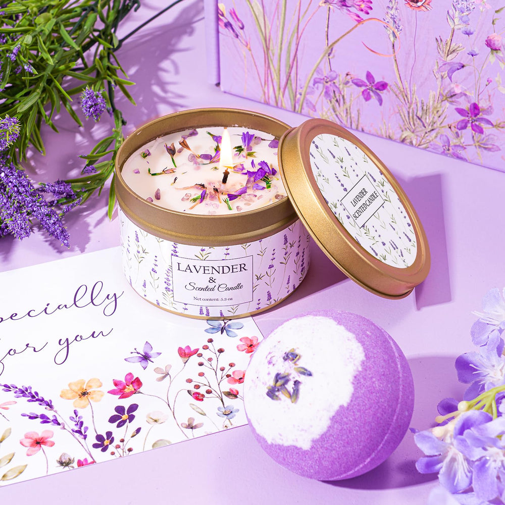 GiftPeak scented candle detail showing lavender glow for calming ambiance