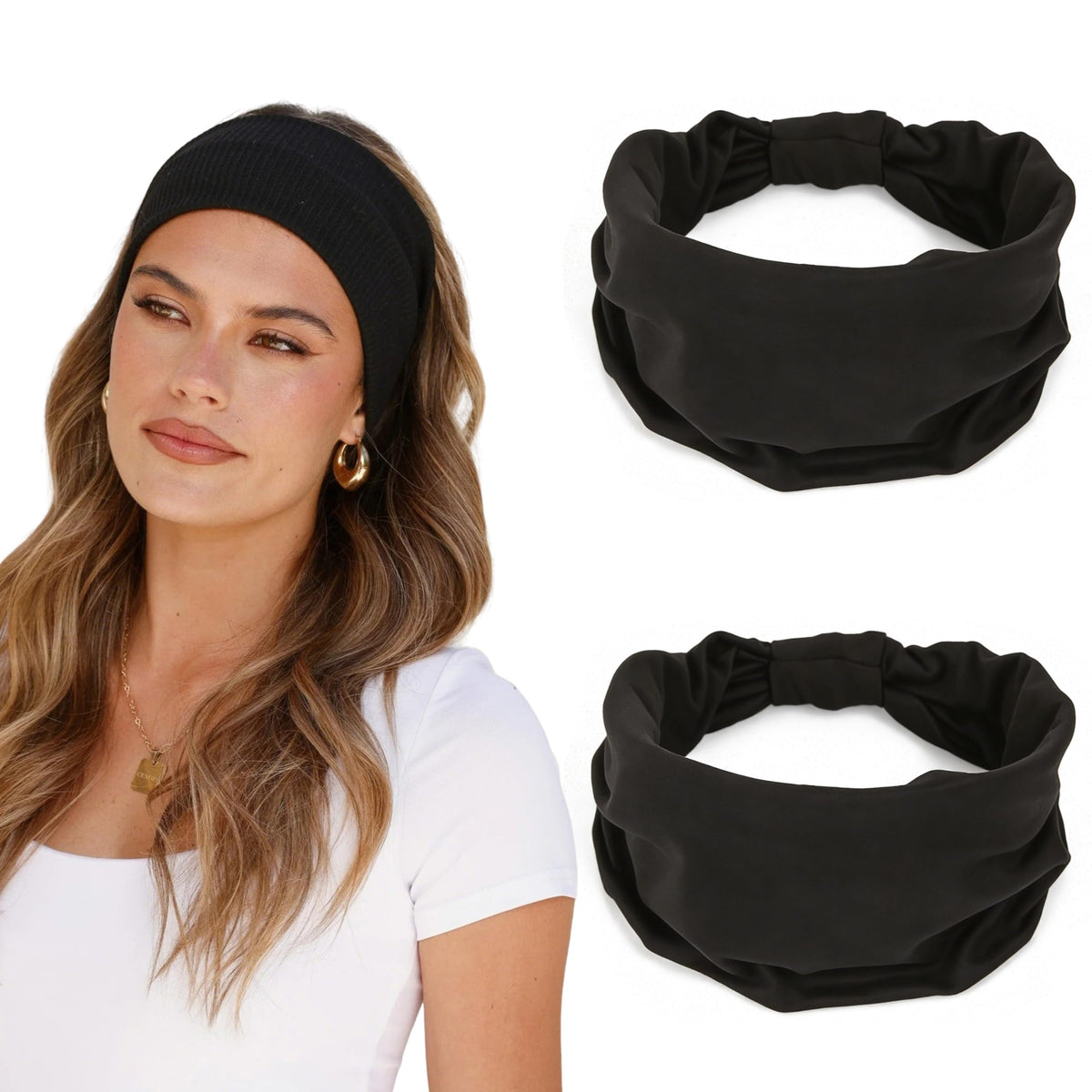 GiLi front view of two black wide headbands showing clean packaging and fit benefit