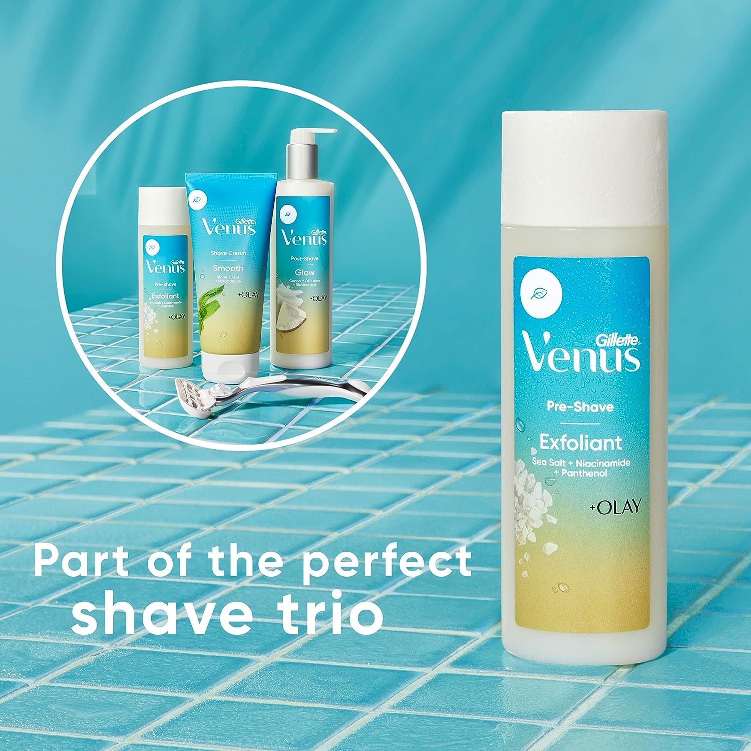 Gillette Venus scrub with shave cream and oil-infused moisturizer as a complete routine