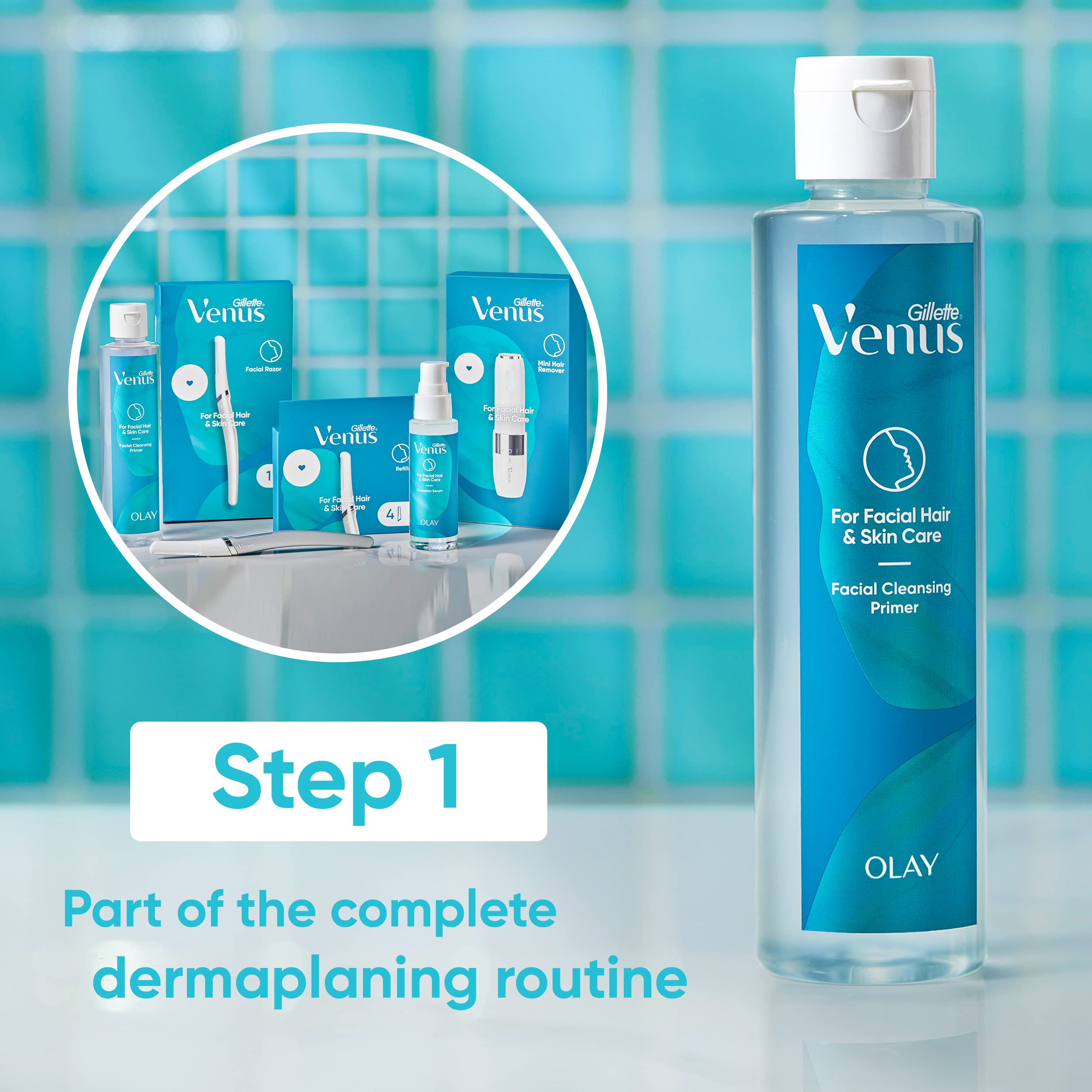 Gillette Venus bottle beside hand for scale showing travel-friendly 6.7oz convenience benefit