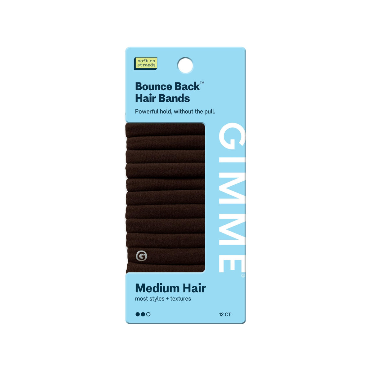 GIMME Beauty front packaging showing 12 dark brown bands and clear branding benefit: organized storage