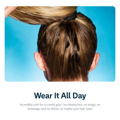GIMME band securing a ponytail demonstrating firm hold without creases