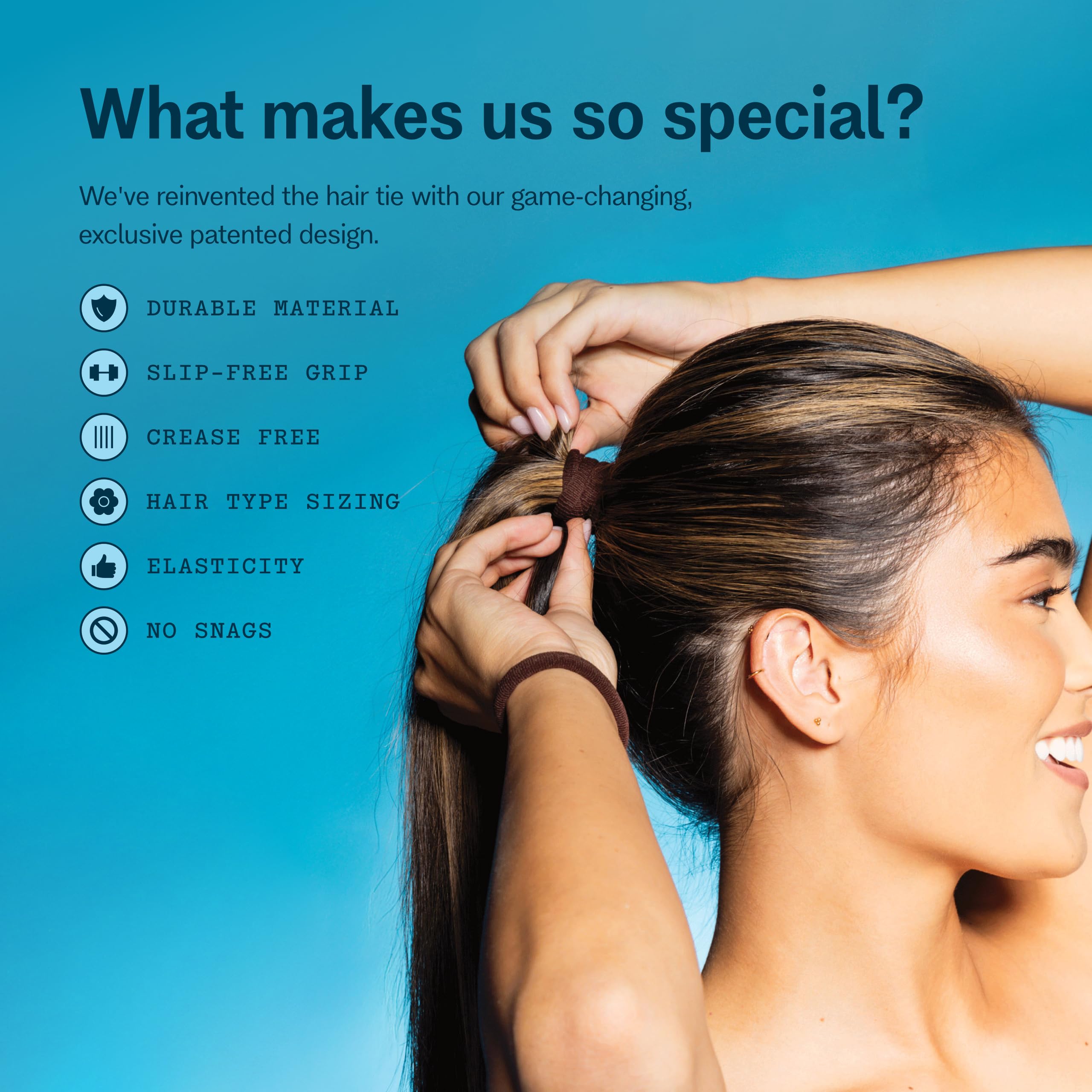 GIMME Beauty on model holding ponytail demonstrating secure hold and comfortable everyday wear benefit