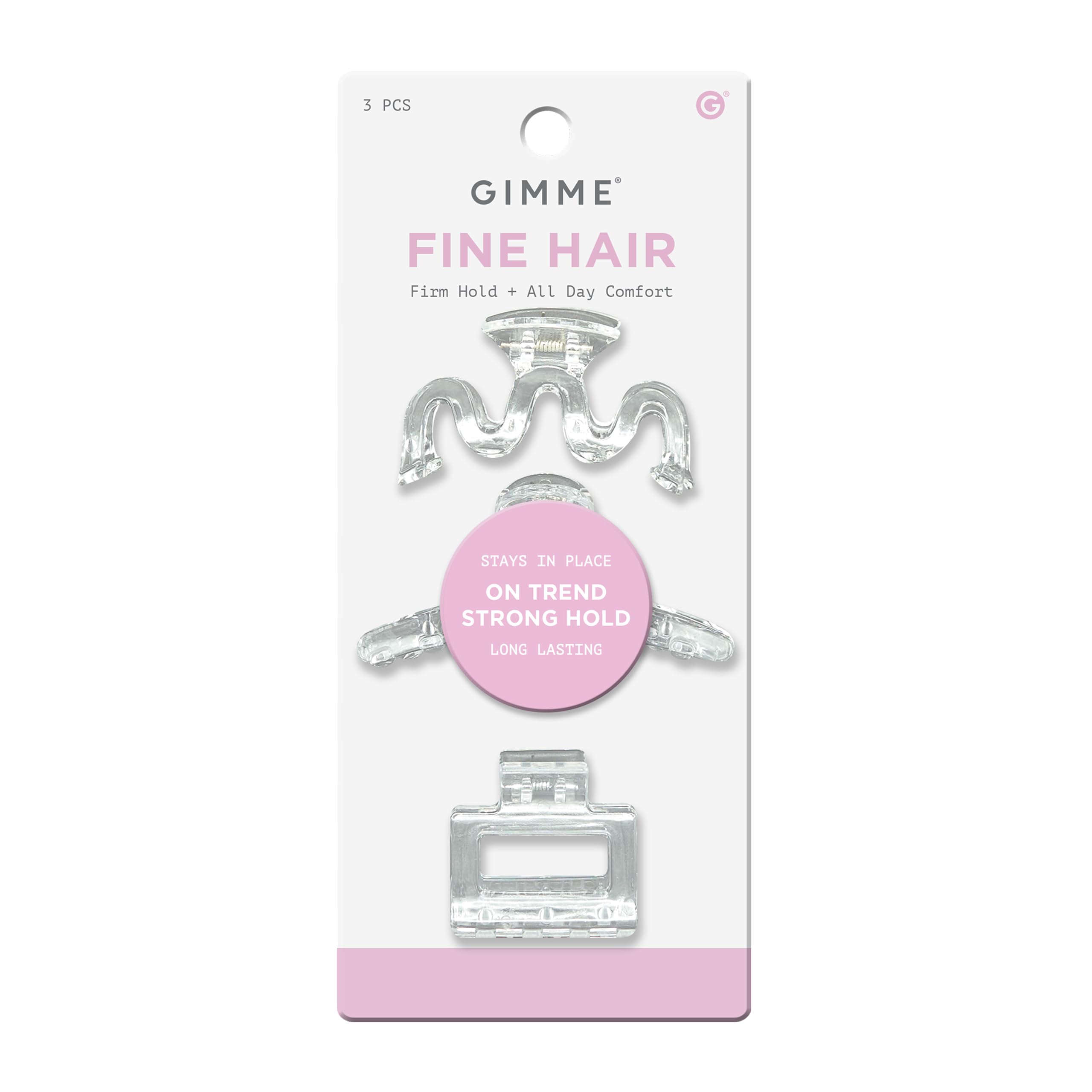 GIMME front packaging showing three clear mini claw clips, easy selection