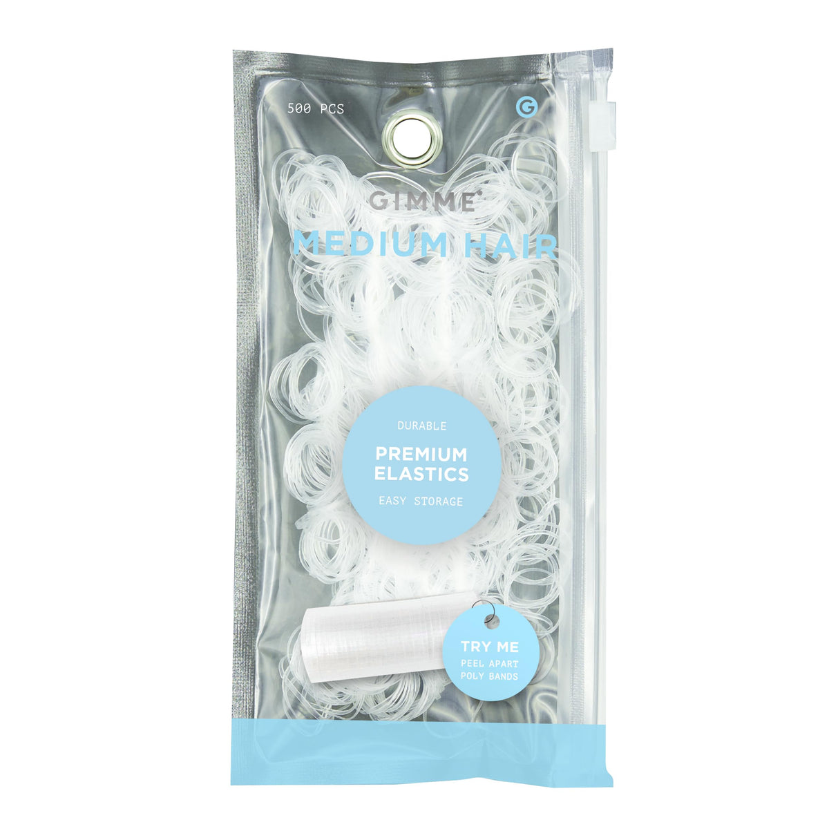 GIMME clear elastics front packaging showing tidy supply and brand