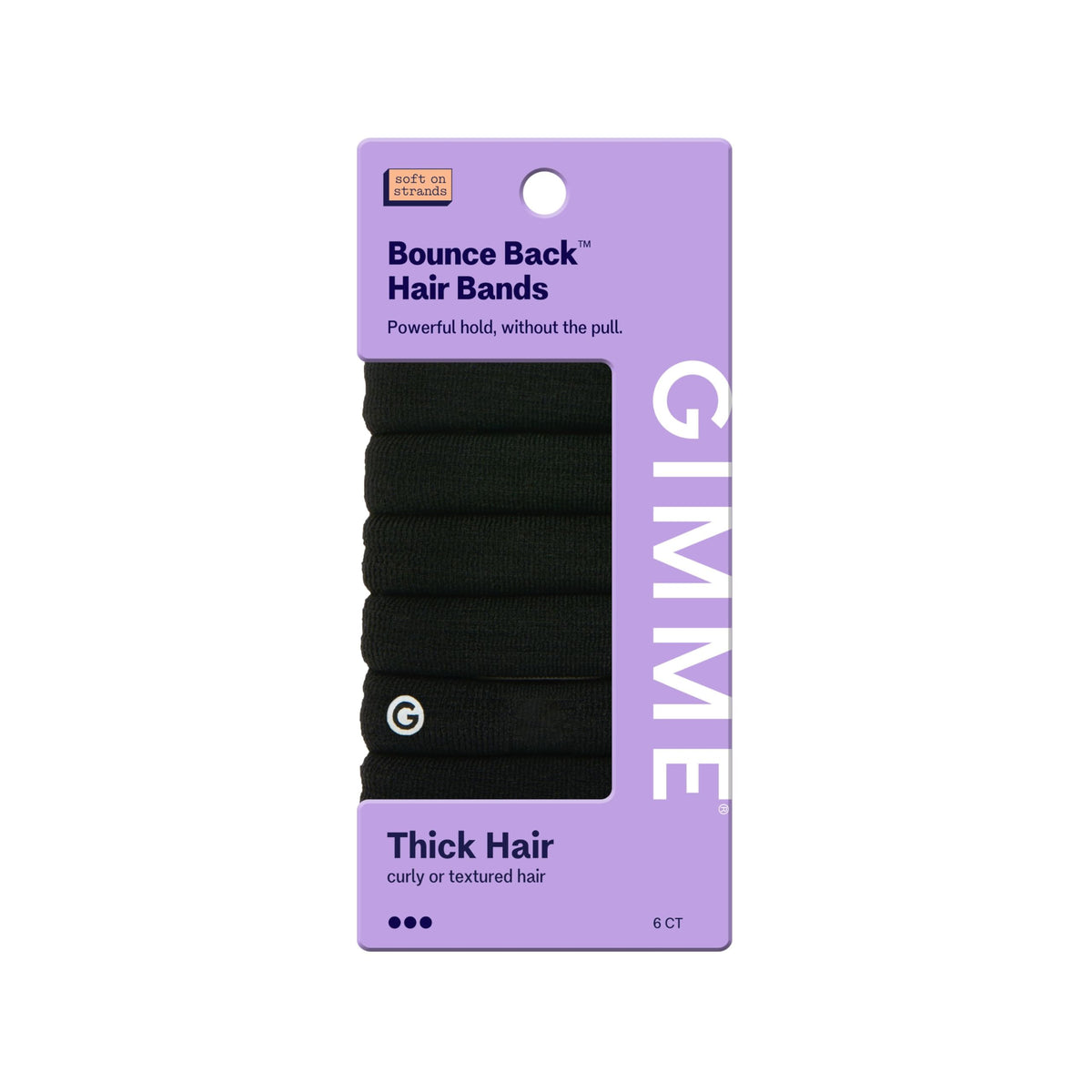 GIMME front packaging showing six black strong hair bands and tidy presentation