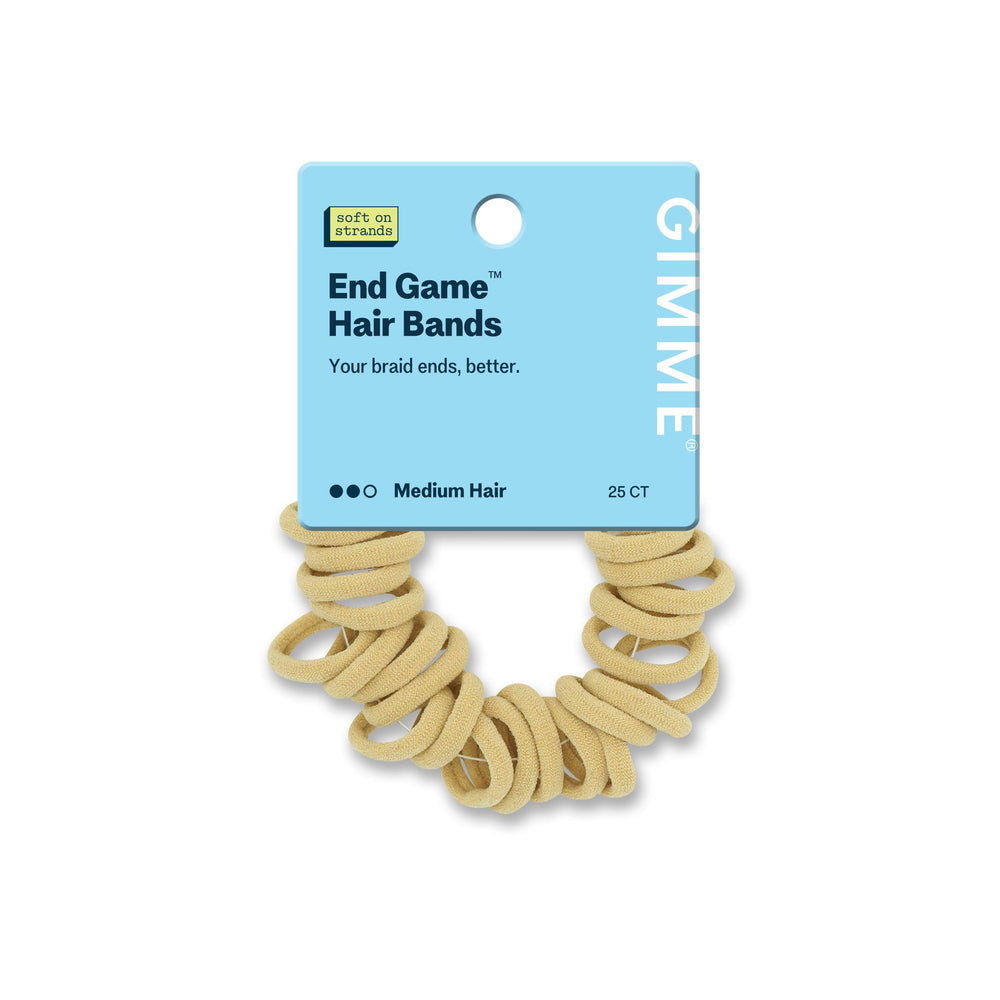 GIMME front packaging showing 25 blonde braid-end bands, neat storage benefit