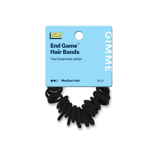 GIMME front packaging showing 25 black braid end bands and product name benefits