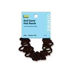 GIMME front packaging showing 25 dark brown braid end bands and brand clarity benefit