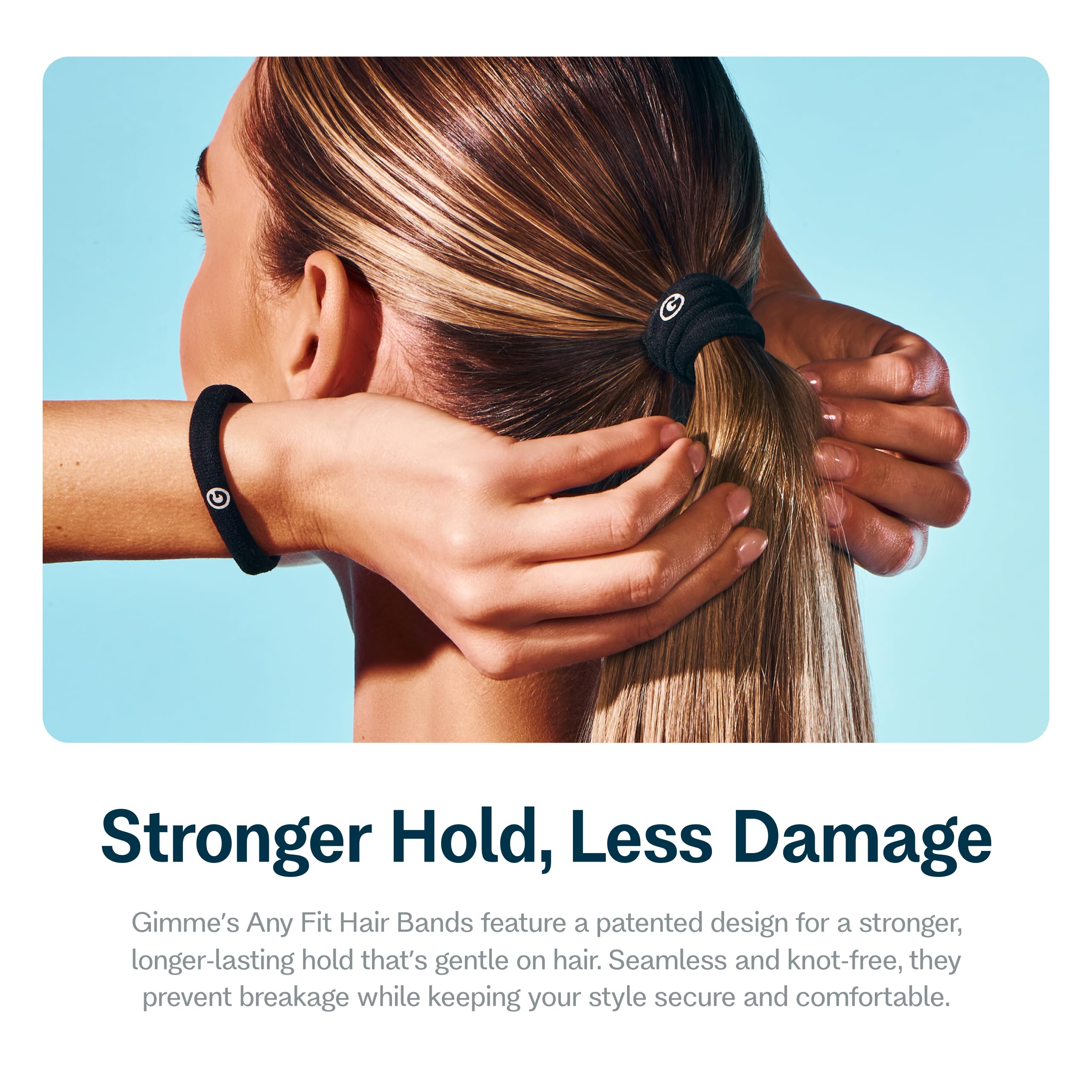GIMME hair band worn in ponytail showing secure no-crease hold