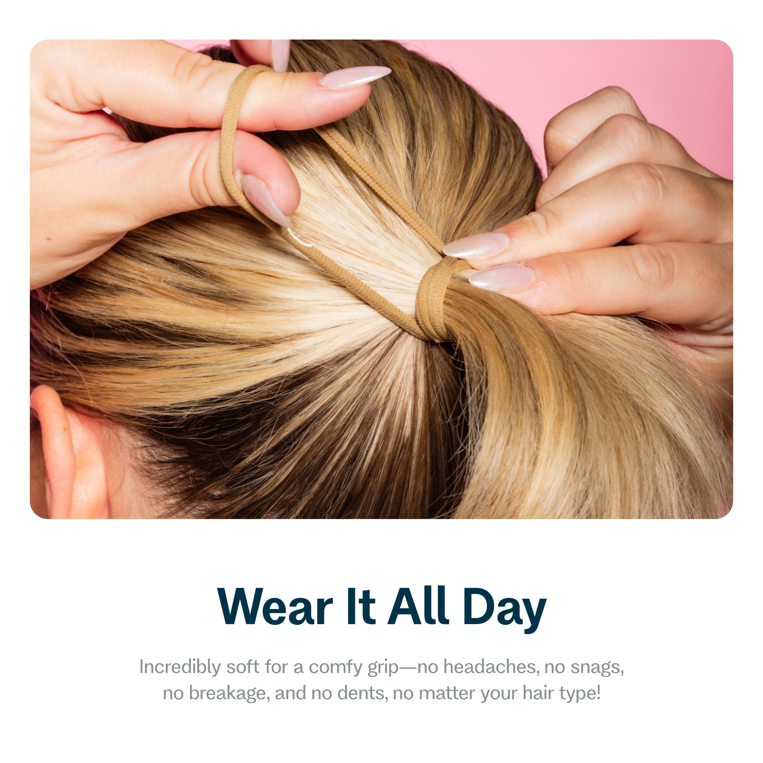 GIMME band in a low ponytail illustrating secure hold and comfortable wear benefit