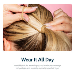 GIMME band in a low ponytail illustrating secure hold and comfortable wear benefit