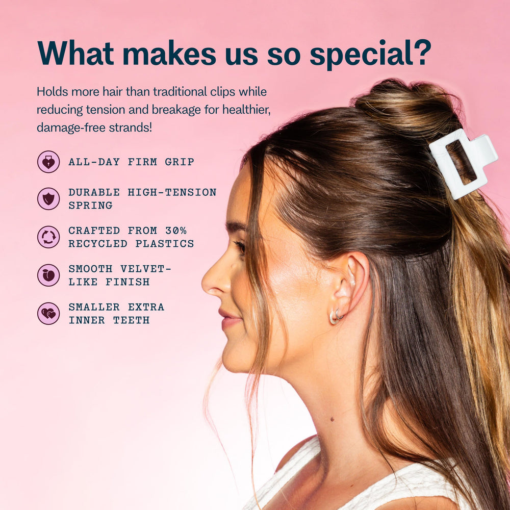 GIMME blue mini claw securing thin hair for a neat half-up benefit