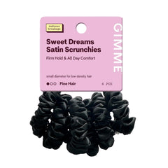 GIMME slim satin scrunchies front packaging showing six black ties and compact design