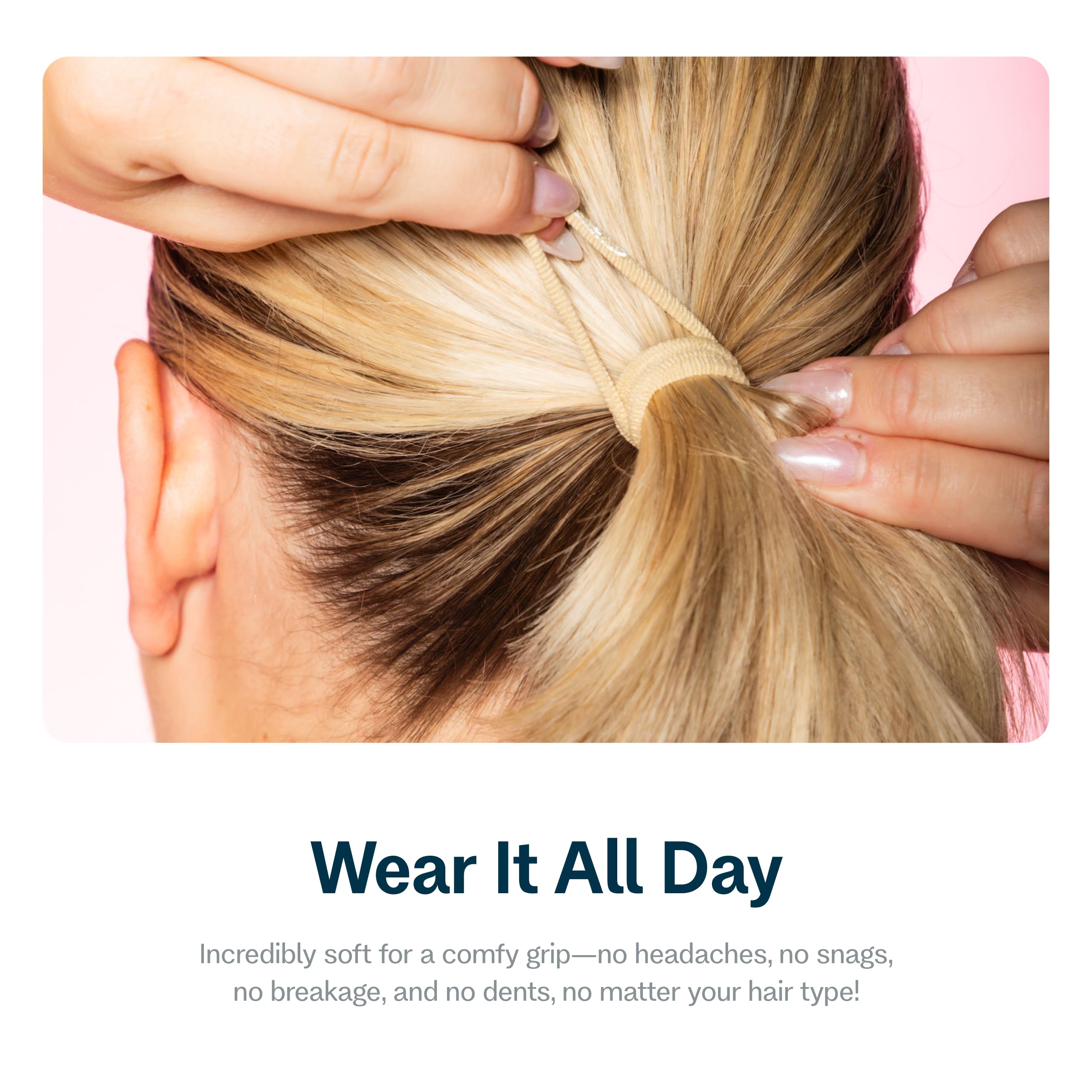 GIMME band securing a ponytail demonstrating no-dent hold for comfort