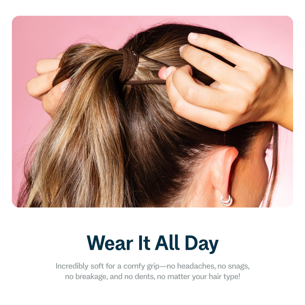 GIMME X-Fine securing a low ponytail without dents for comfortable all-day wear