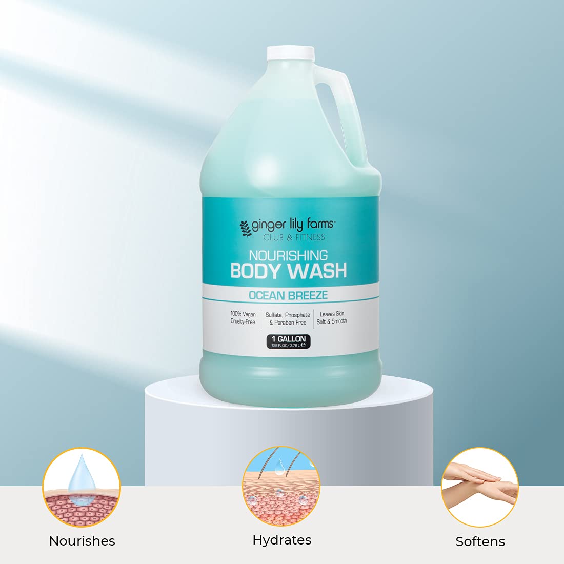 Ginger Lily Farms in gym shower setting showing ideal post-workout use