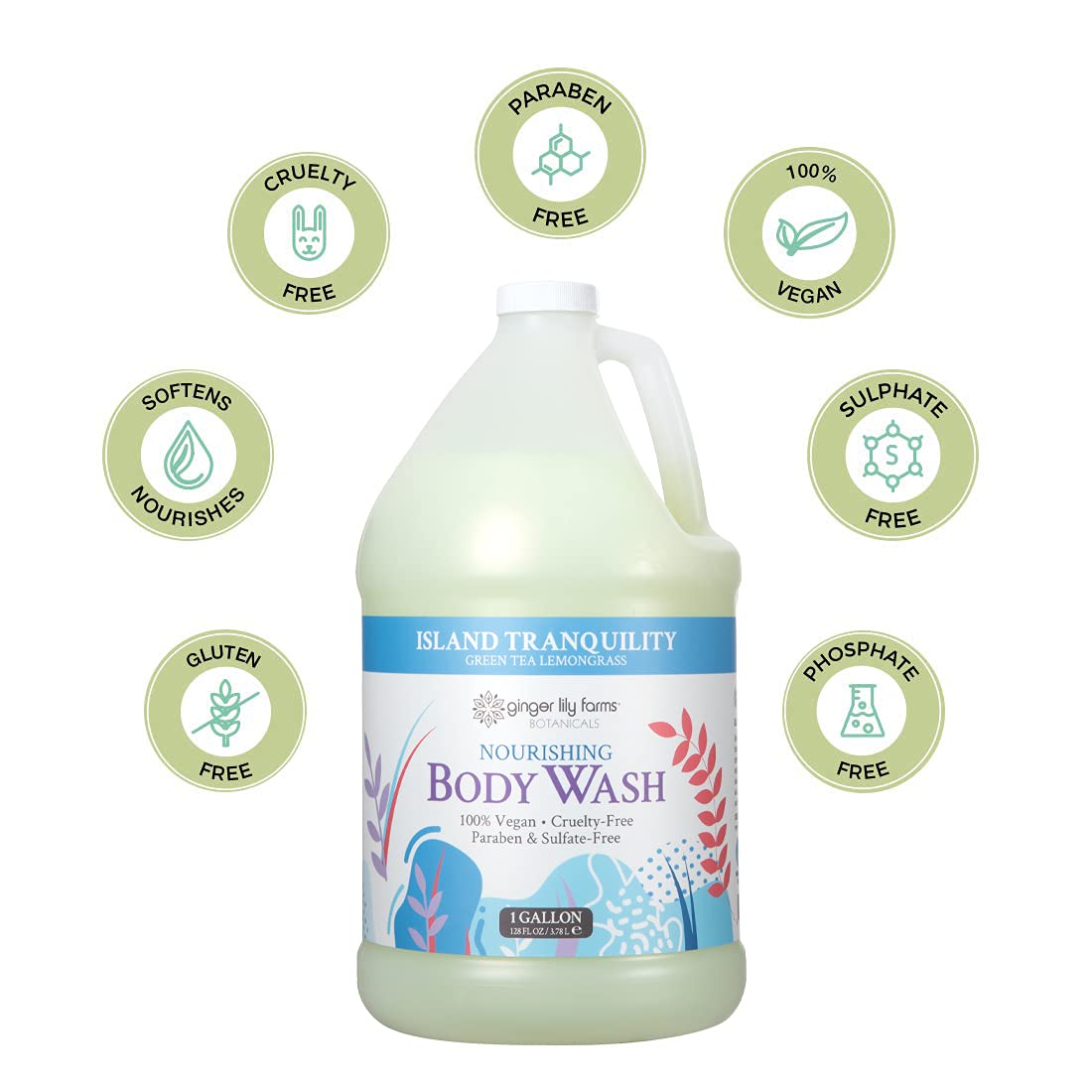 Ginger Lily Farms product in a spa shower setting conveying calming scent and professional use benefit