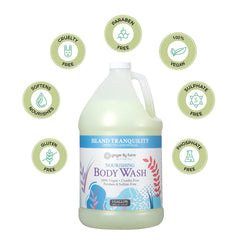 Ginger Lily Farms product in a spa shower setting conveying calming scent and professional use benefit