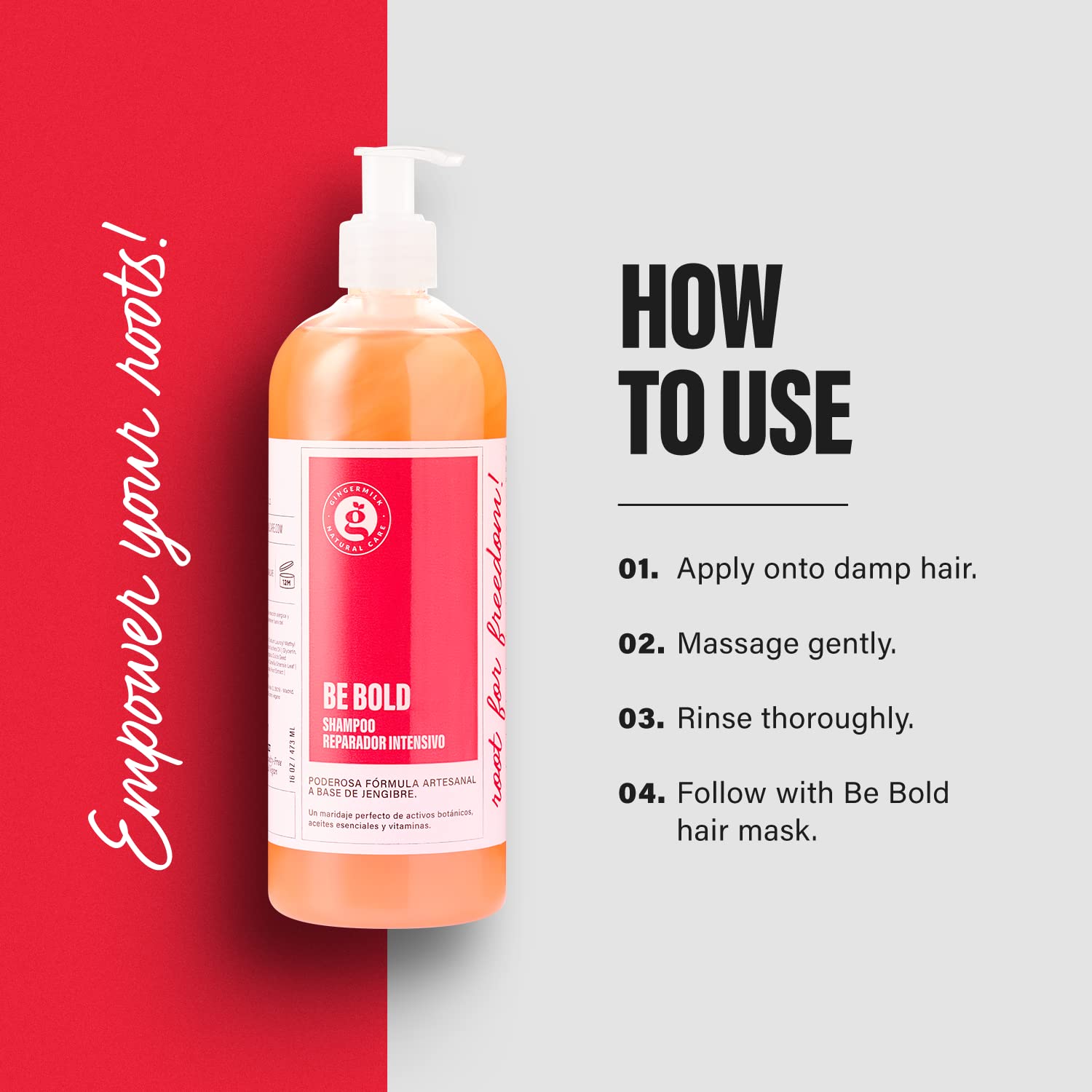 Ginger Milk Natural Care pouring shampoo into palm demonstrating easy application benefit