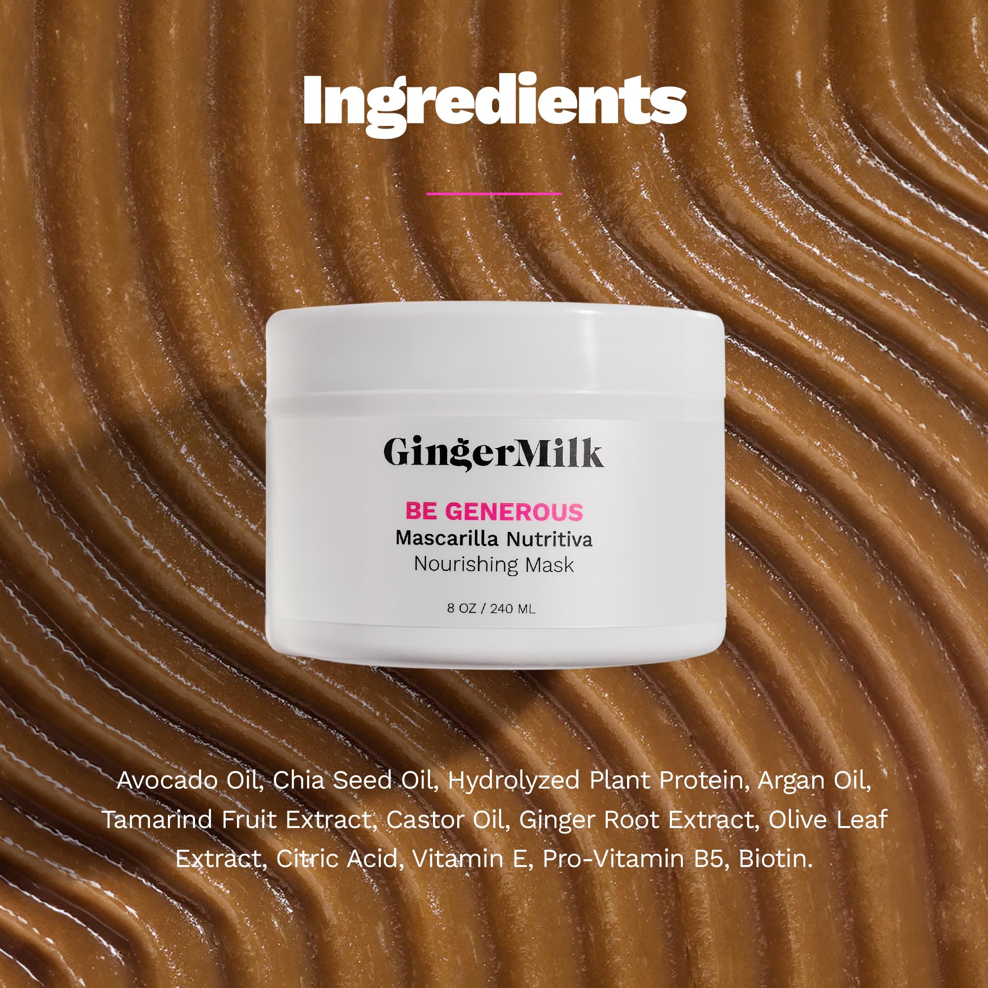Ginger Milk Natural Care ingredients display highlighting castor oil and biotin benefits