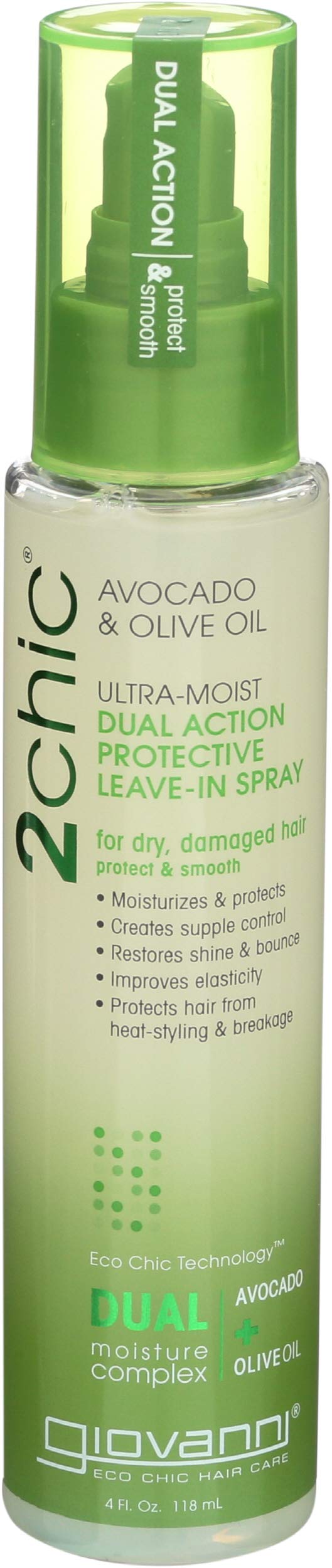 GIOVANNI front packaging of 2chic leave-in spray showing bottle benefits
