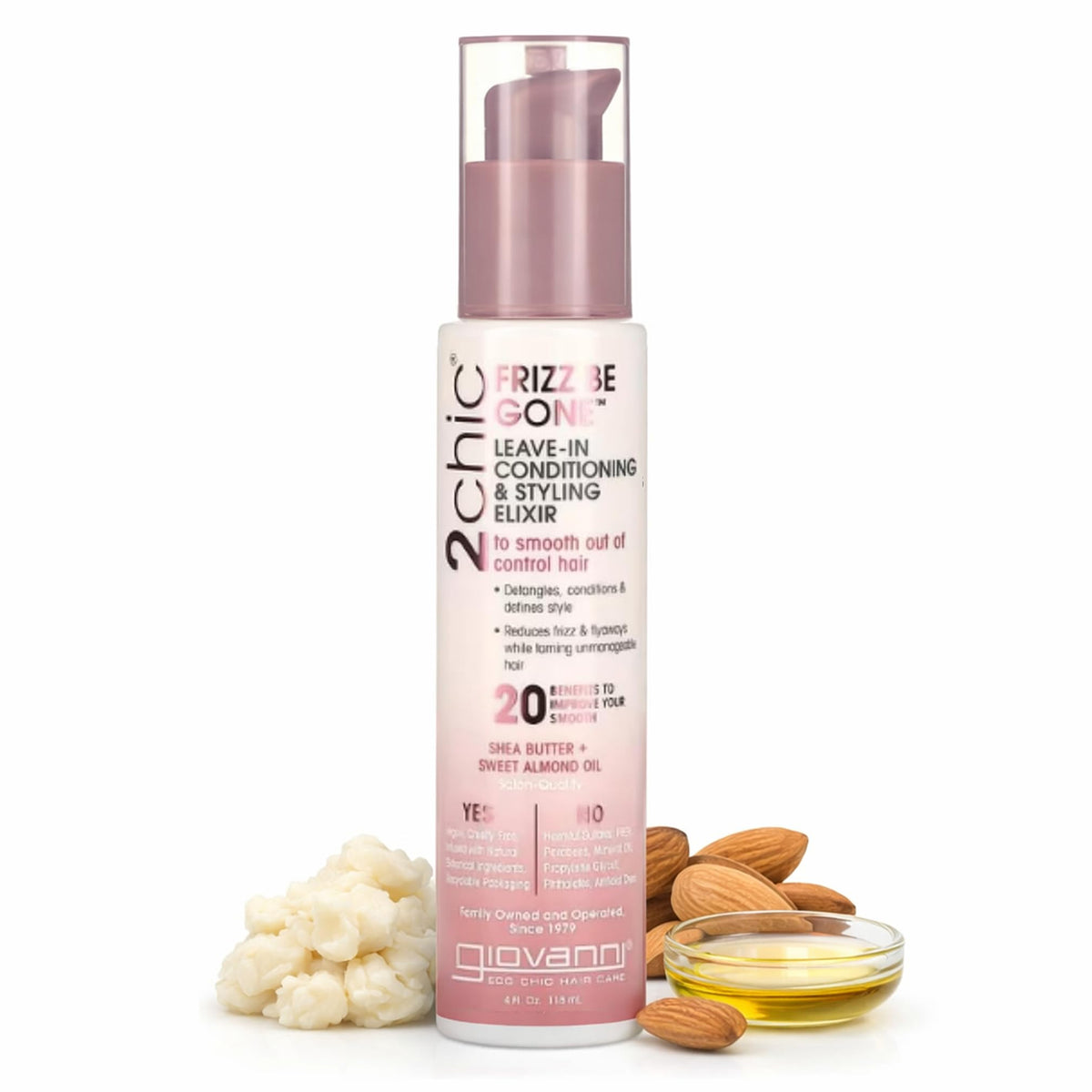 GIOVANNI front packaging showing bottle and label, highlights salon-grade smoothing