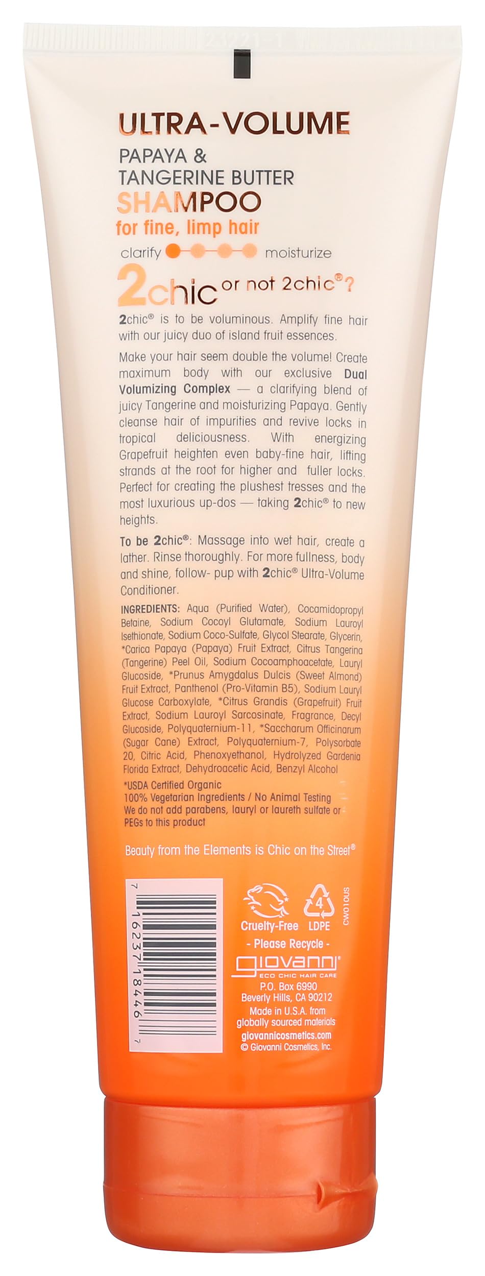 GIOVANNI label close-up highlighting ingredients and color-safe claim for informed purchase