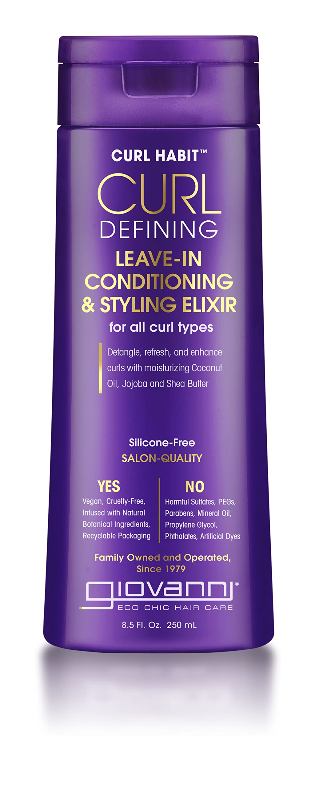 GIOVANNI front bottle showing Curl Habit elixir and benefits