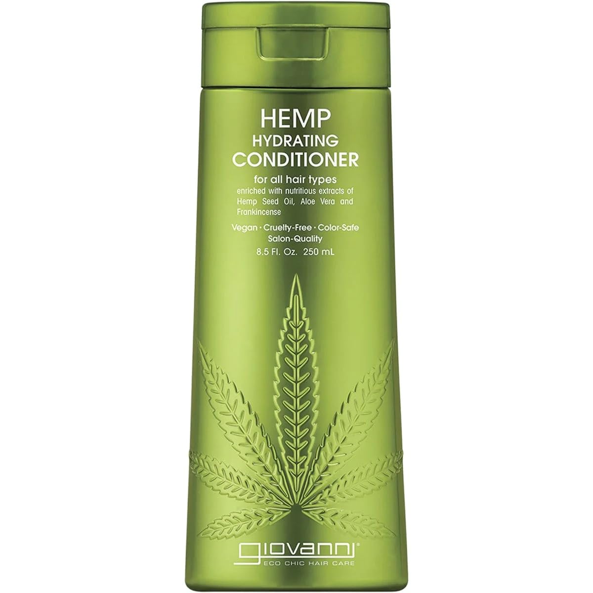 GIOVANNI front packaging showing conditioner bottle and lightweight hydration benefit