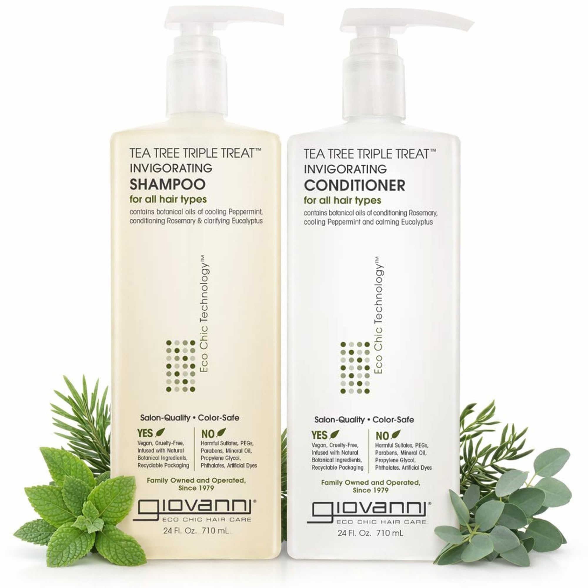 GIOVANNI front packaging showing the shampoo and conditioner for clear product identification and shelf appeal
